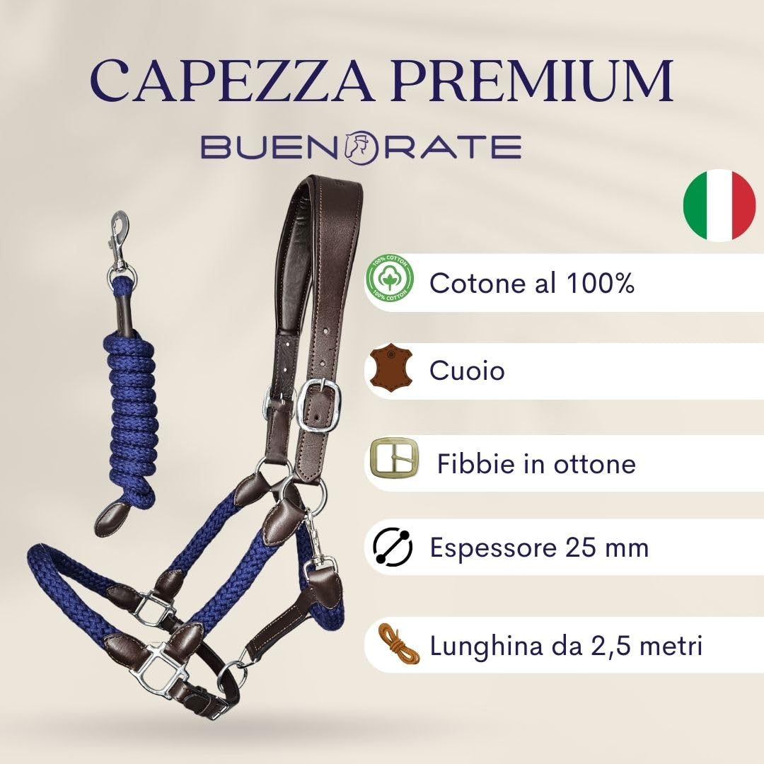 capezza cavallo con lunghina cavallo abbinato - cavezza per cavallo premium - in cuoio e cotone - sovracapo anatomico - taglia full