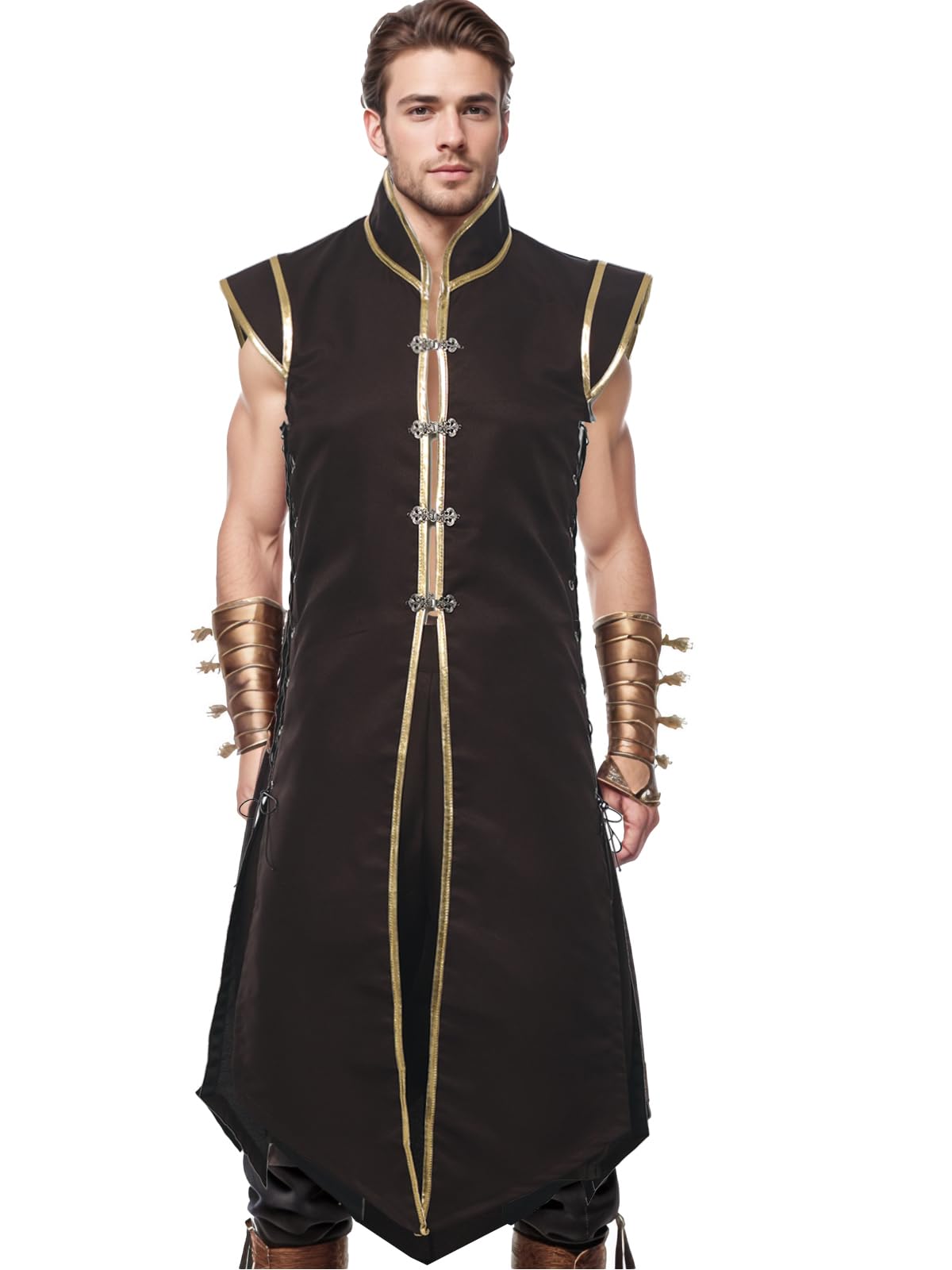UniqKaliber Men’s Medieval Viking Vest, Renaissance Sleeveless Tunic Tops Vintage Long Vest Knight Cosplay Costume
