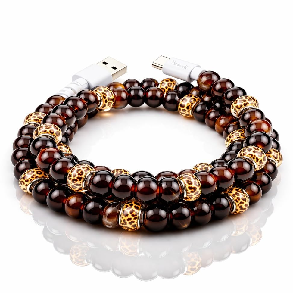 Image of Stylish Beaded Phone Charger Cable Colors USB Charging Cord for Smartphones (USB A to USB C, Leopard, 3.3ft)