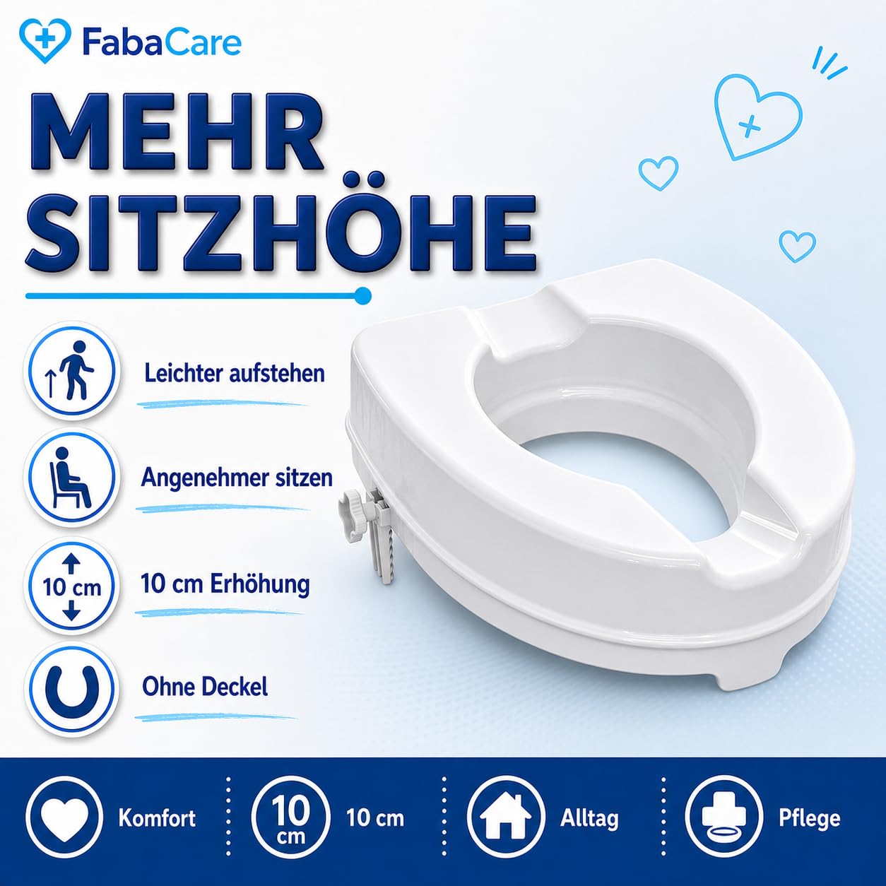 FabaCare Toilettensitzerhöhung Smart 10 cm ohne Deckel, 250 kg belastbar | WC-Erhöhung mit Hygieneausschnitt, Fixierschrauben und rutschsicherem Toilettenaufsatz