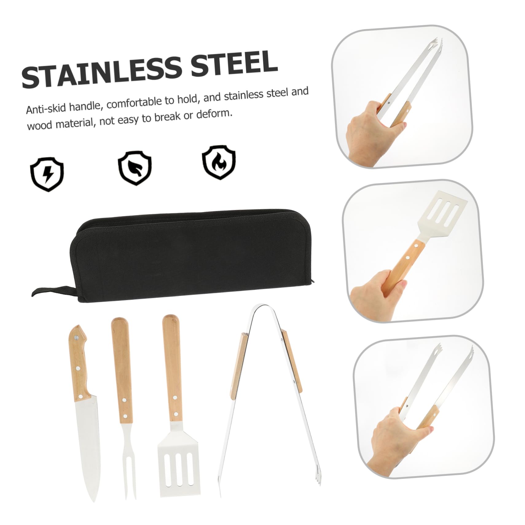 Toyvian Ensemble Ustensiles Cuisine de Camping en Acier Inoxydable 4 Pièces Poignée Antidérapante, Pratique et Portable pour Barbecue Extérieur et Camping