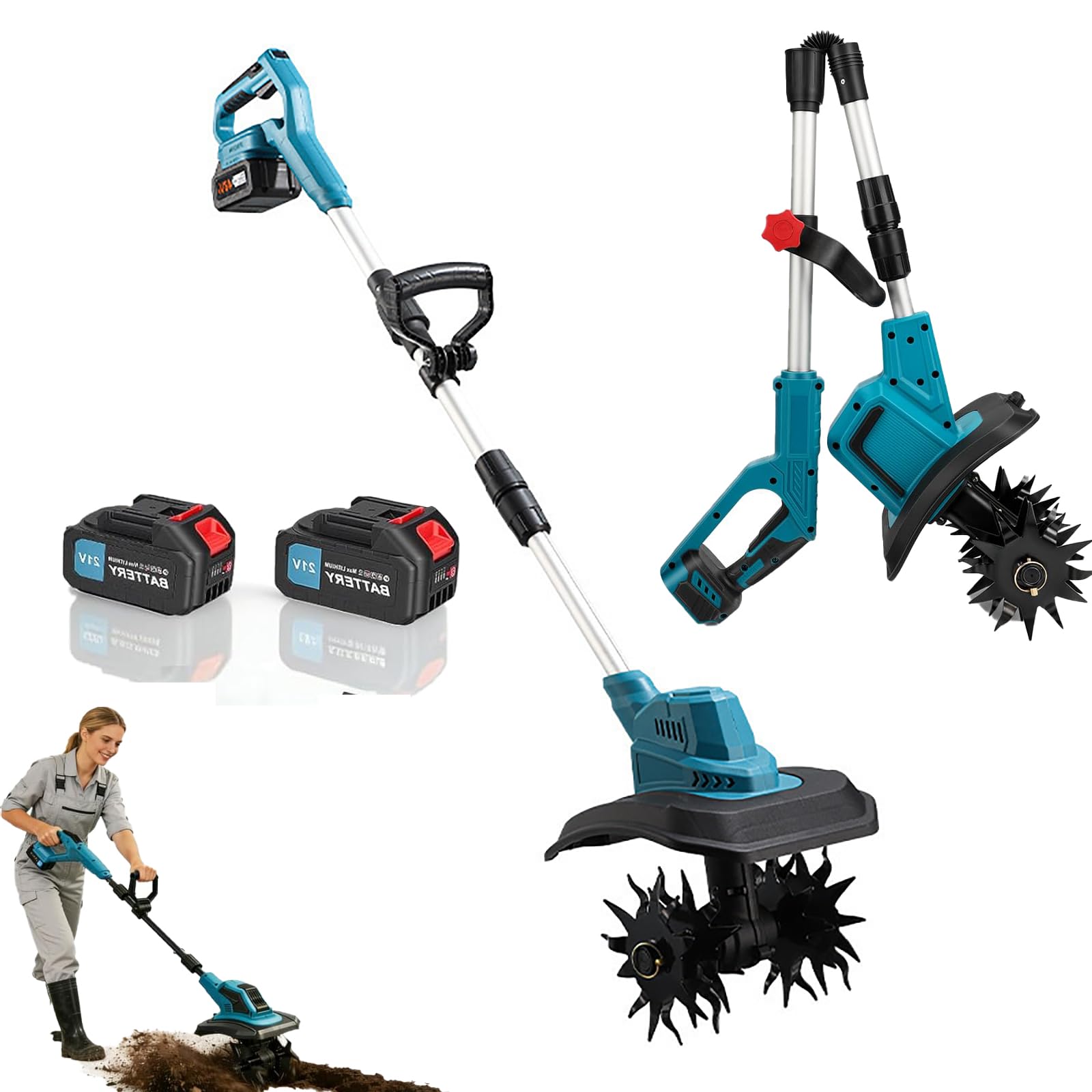 Rotavator eléctrico con 2 baterías, motocultor de jardín inalámbrico, máquina de labranza y cultivo, motor sin escobillas de 500 RPM, azada para desmalezar césped, afilador de 228 mm de ancho, para ca