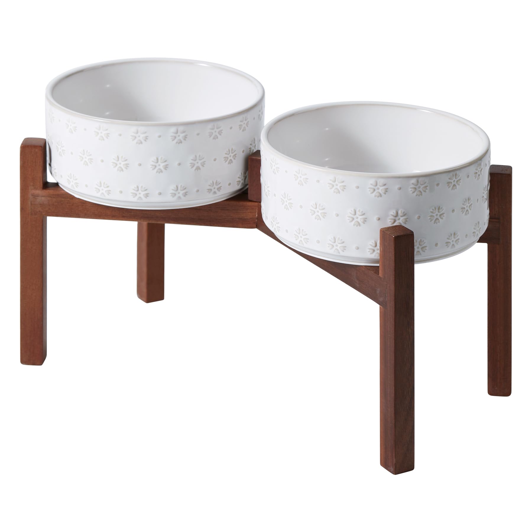 Ceramic 8.2inch Raised Double-Bowl Set with Acacia Wooden Stand, Food & Water Bowls for Large Breed Dogs, Weighted Dog Dishes, Pet Bowl (60 oz)