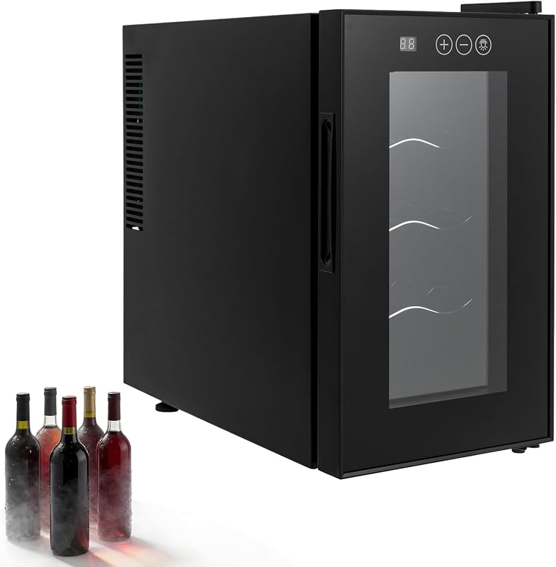 Enfriador de vino negro, refrigerador de vino con compresor de 8 botellas de 23 L, bodega independiente grande con 5 estantes y 3 estantes para champán rojo blanco o vino espumoso, pantalla LED (JC-23AW)