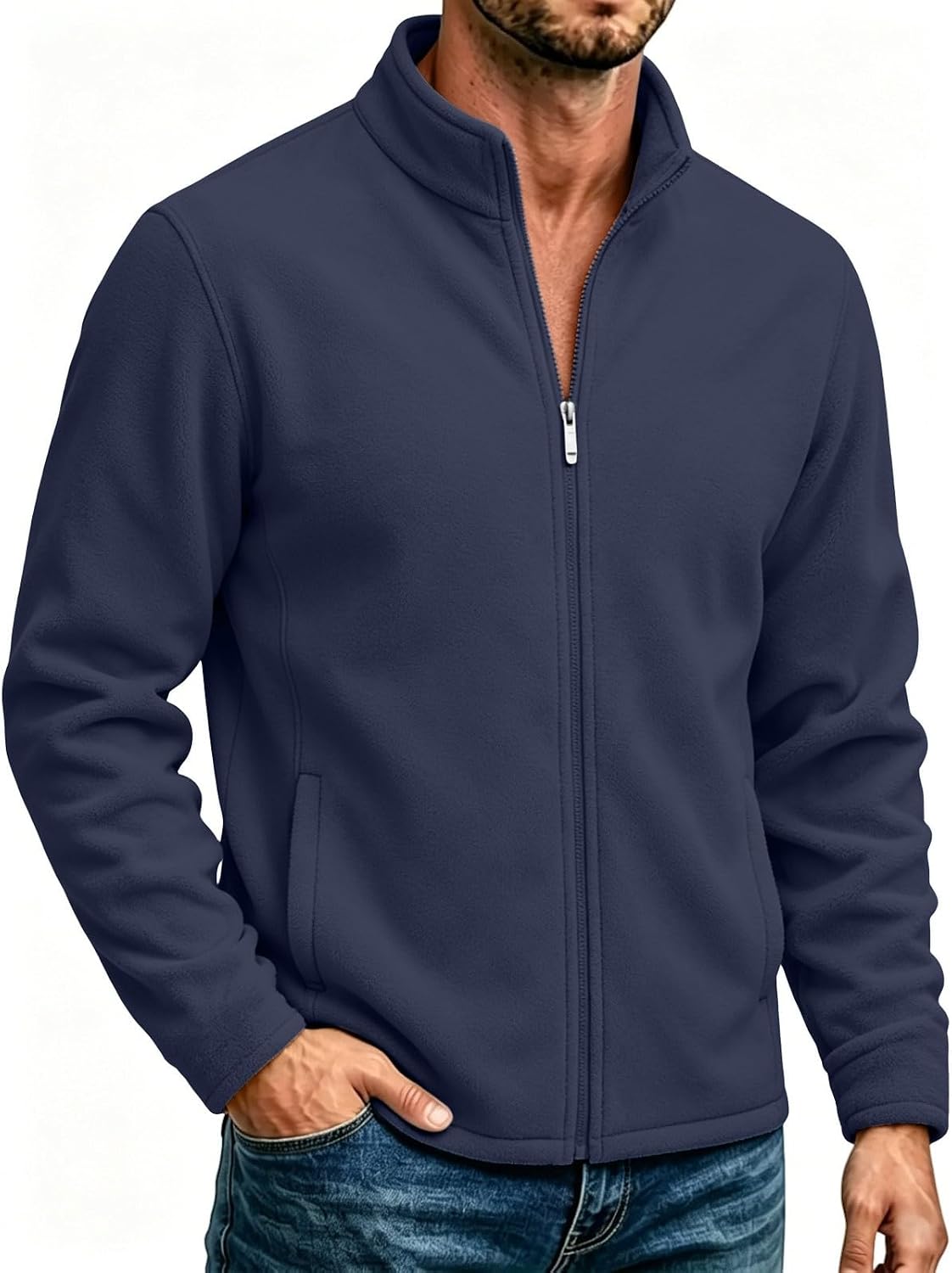 Mens Fleece Zip Up Jacket Long Sleeve Stand Collar Soft Warm Shirts Casual Outdoor Fall Winter Layering Outerwear