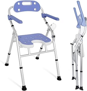 Silla de ducha plegable con respaldo, 6 posiciones ajustables en altura con pies antideslizantes, adecuada para personas mayores en la ducha, capacidad de carga máxima 160 kg