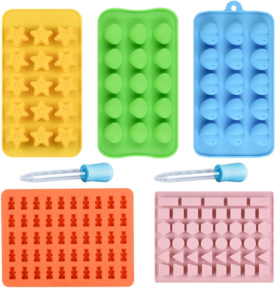 Silicone Gummy Bear Candy Molds - Chocolate Candy Molds & Bear Silicone Molds Including Stars, Seashells, Hearts and Bears with Free 2 Droppers 100% Food Grade Silicone Pack of 5
