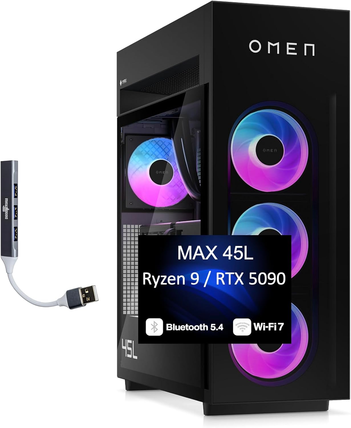 HP OMEN MAX 45L Gaming Desktop PC (AMD Ryzen 9 9900X3D, GeForce RTX 5090 32GB GDDR7, 64GB DDR5, 8TB PCIe SSD, RGB Fans, 360mm AIO, 1200W PSU, WiFi 7, Win 11 Pro) w/DKZ USB Port Expander
