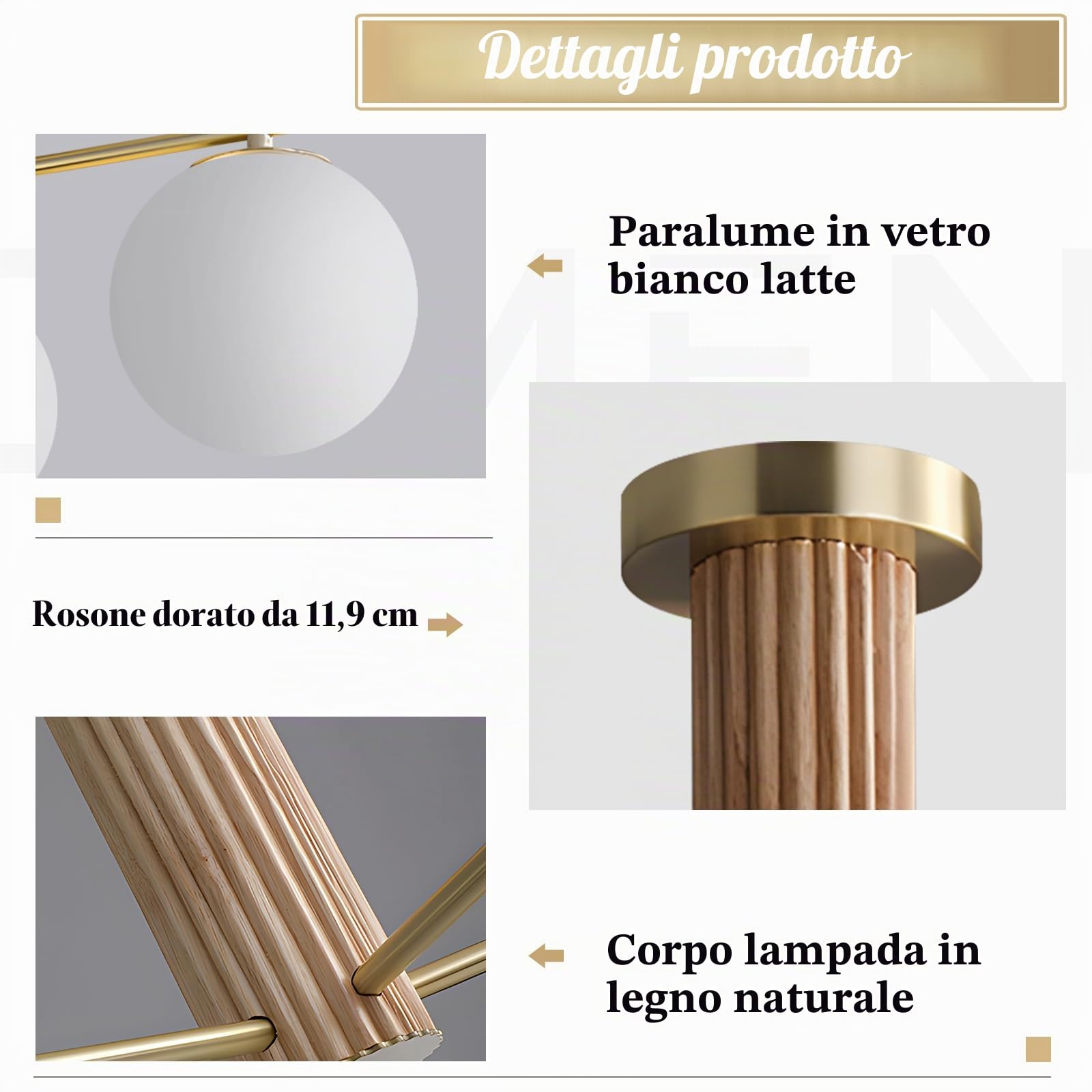 KCO Plafoniera Sputnik 5 Luci Mid-Century Moderna, Globi Vetro Bianco Latte Opaco, Legno Massello e Metallo Dorato, E27 Lampadine Incluse, Cucina Camera Soggiorno