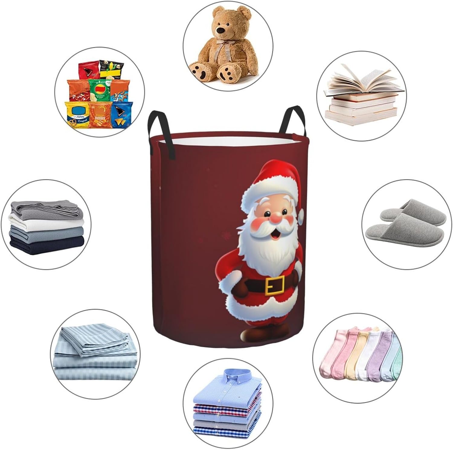 Cute Santa Claus print Laundry Basket Circular Hamper Waterproof Bathroom Hamper Storage Bin Organizer Basket Laundry Hamper with Handles for Clothes Toys Small