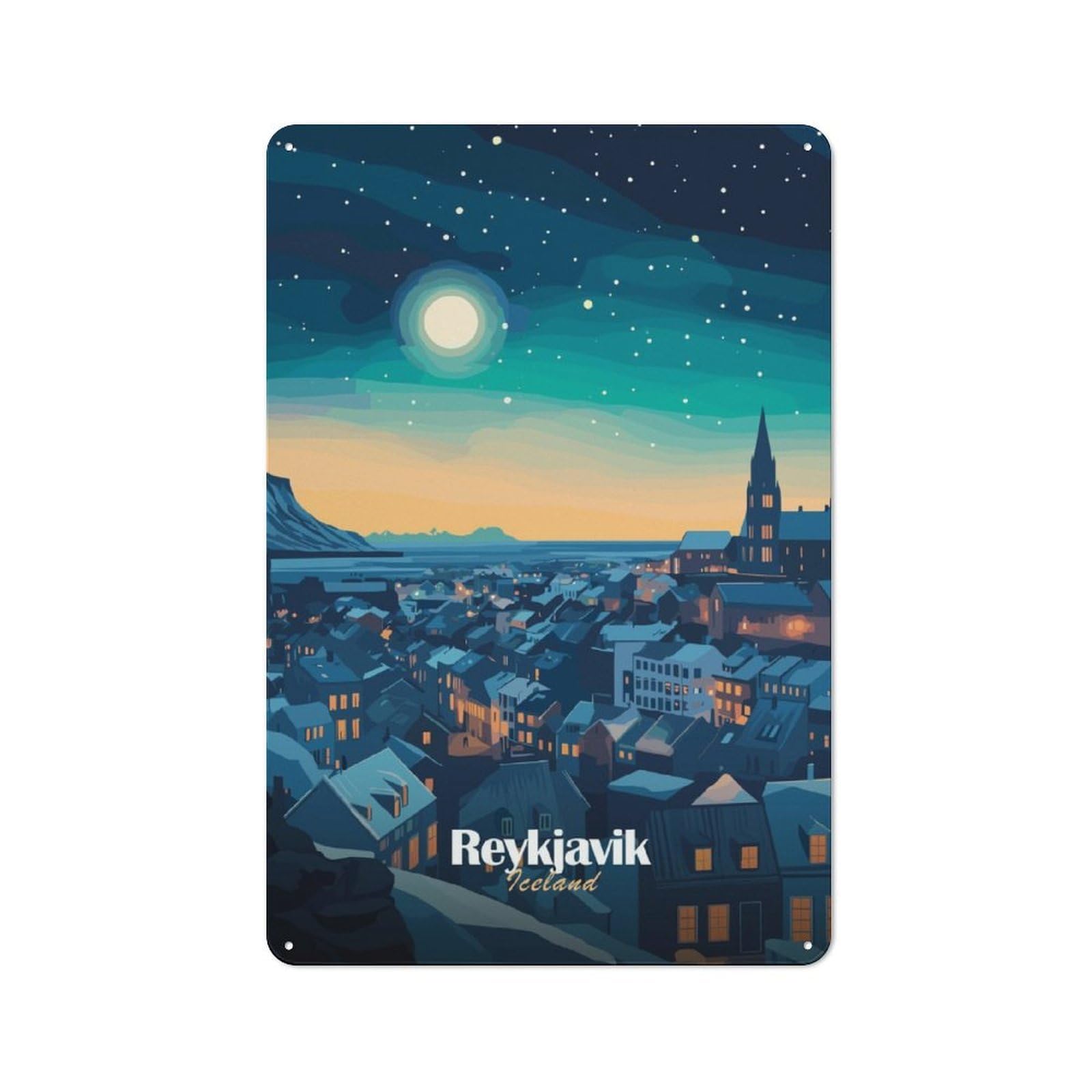 Junmoney Reykjavik Night Cityscape Rustic Metal Sign 30X20cm Featuring For Living Room Wall, For Vintage Wall Decor Fans, For Metal Sign Collectors
