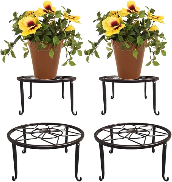 4 Pack Metal Plant Stands for Flower Pot, Heavy Duty Potted Holder, Indoor Outdoor Metal Rustproof Iron Garden Container Round Supports Rack for Planter (4.5in High Brown)