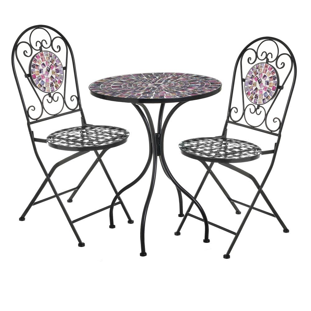 LOLAhome Conjunto de terraza de Mesa de 60cm con Mosaico y 2 Sillas Plegables de Exterior de Hierro Pintado para Jardín Balcón Terraza Patio (Negro y Rosa)