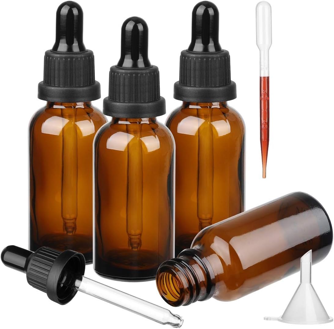 Amber Glass Bottle with Glass Pipette, 4 X 50ml Dropper Bottles Refillable for Essential Oil Aromatherapy Blends