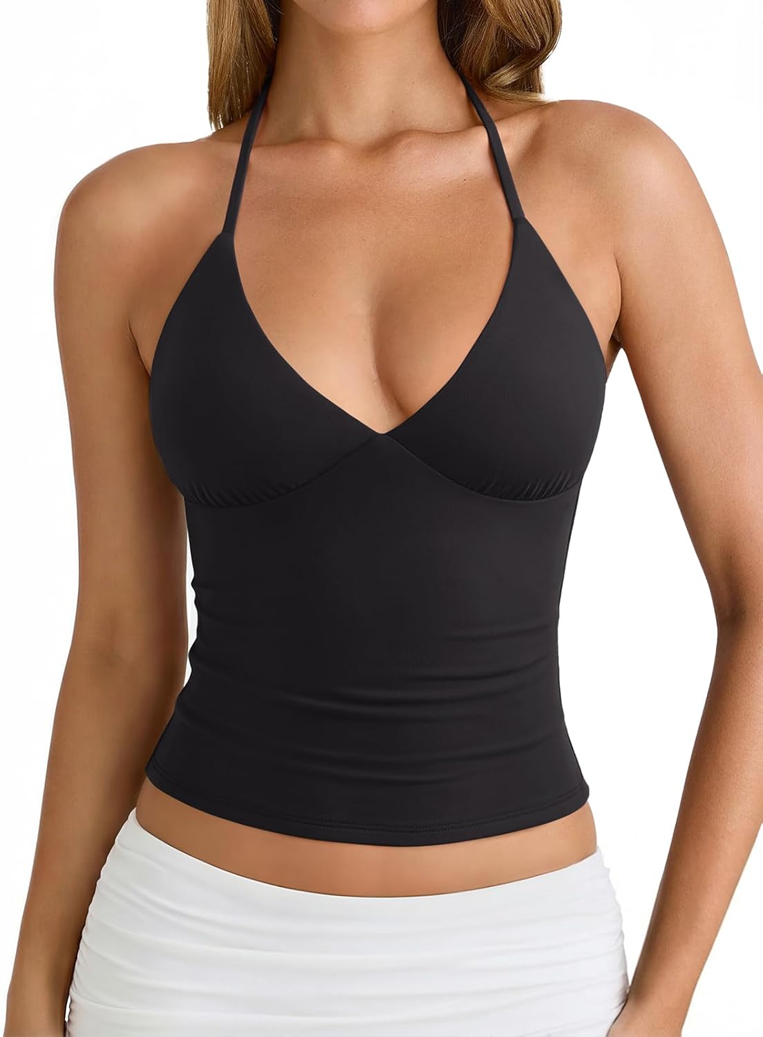 PINKMSTYLE Women Sexy Halter V Neck Backless Double Lined Tank Top Summer Sleeveless Going Out Y2K Trendy Cami Tops