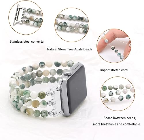Miniatura 4 de Pulsera de cuentas de piedra natural compatible con Apple Watch Band Series 9, 10, Ultra 2, SE, Ultra 8 7 6 5 4 3 2 1, correa de reloj elástica para