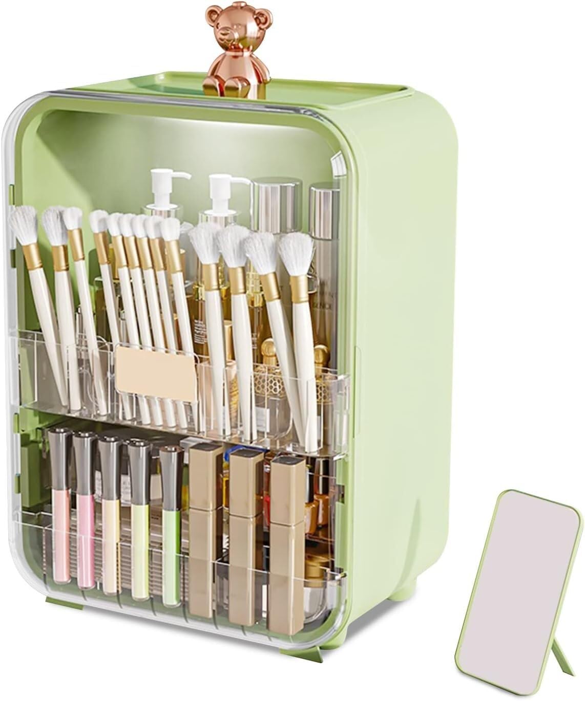Wielofunkcyjna kosmetyczka z serii Pink Bear Pyłoszczelny organizer na kosmetyki, kosmetyczny organizer na biżuterię do pielęgnacji skóry Etui na szminki ze światłem LED - różowy (Color : Green)