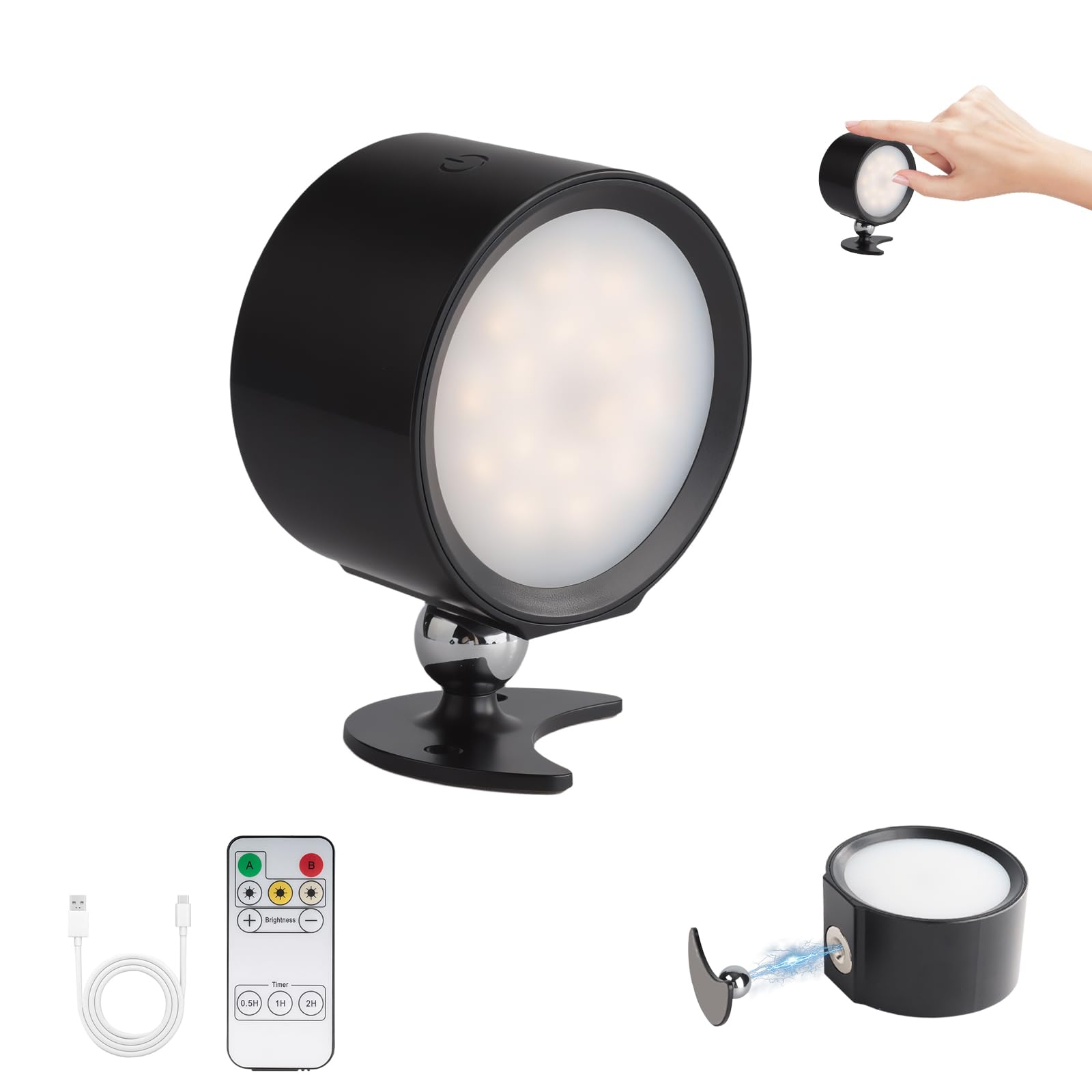 Rechargeable Wall Lights Indoor with Remote Control - 3 Color Temperatures, Dimmable 360° Free Rotation, Battery Operated Wall Lights, Wall Lighting, Sconces for Bedroom Bedside Reading Decor, Black
