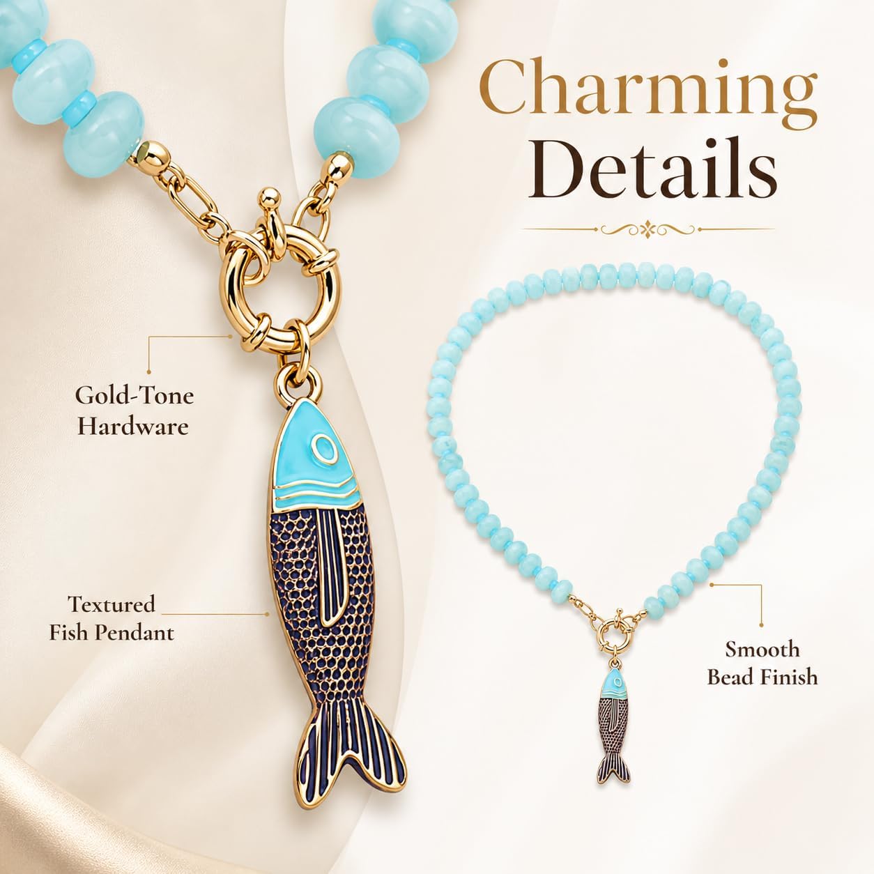 Fish Pendant Beaded Necklace For Women, Color Acrylic Resin Bead Boho Drip Oil Marine Animal Pendant Necklaces Summer Charm Trendy Gift Jewelry