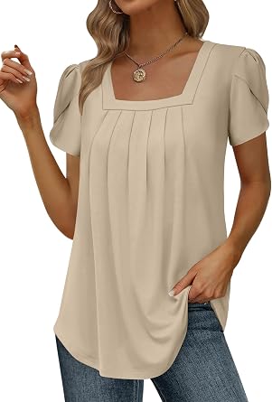 MLXSJ Womens Summer Tunic Tops Pleated Square Neck T Shirts Casual Petal Short Sleeve Blouses