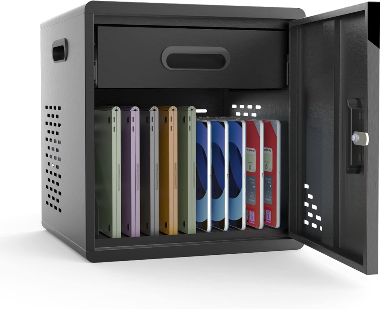 ഇൻ്റീരിയർ view of the Luxor LLMC10 cabinet with the door open, showing multiple laptops and tablets neatly stored in the padded slots.