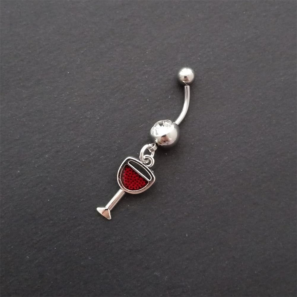 1pcs Red Wine Glass Charm Belly Ring, Vintage Style Belly Button Jewelry, Stainless Steel 14G Navel Barbell Ring with Dangle Pendant, Dainty Piercing Body Jewelry for Her - Image 2