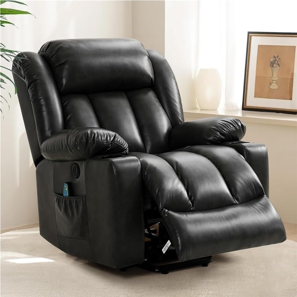 Heated Massage Electric Lift Recliner Chair for Elderly Adults Breathable Leather Upholstery Black Living Room Sofa with 2 Cup Holders USB Charging Ports Metal Frame Support