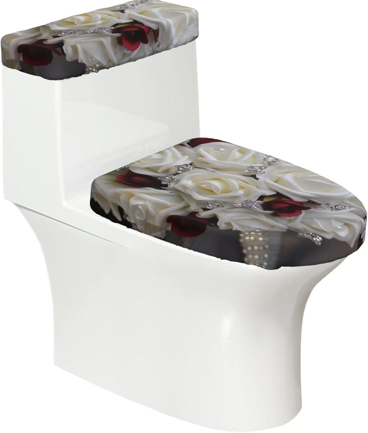2 Pcs Toilet Lid Cover and Toilet Tank Lid Cover, Washable Toilet Cover with Elastic Bottom Replacement Soft Stretch Toilet Seat Cover Set White silk rose wedding flowers Bathroom Decor
