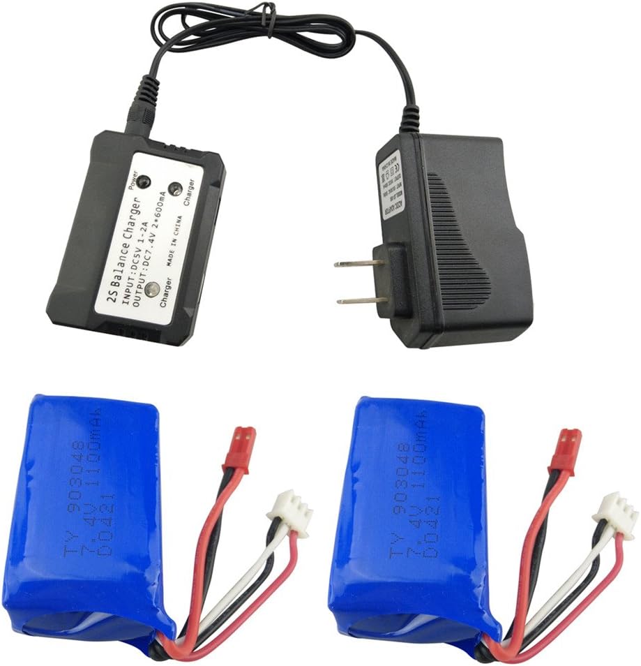 Fytoo 2PCS 7.4V 1100mah Battery with 2-in-1 US Stardard Charger for WLtoys A949 A959 A969 A979 S989 V912 T23 T55 F45 A320 A321 RC Remote Control Car