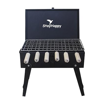 StayHappy Traveler's Charcoal BBQ Grill Set: Foldable | Portable | Adventure-Ready | Includes 6 Skewers (Free standing)