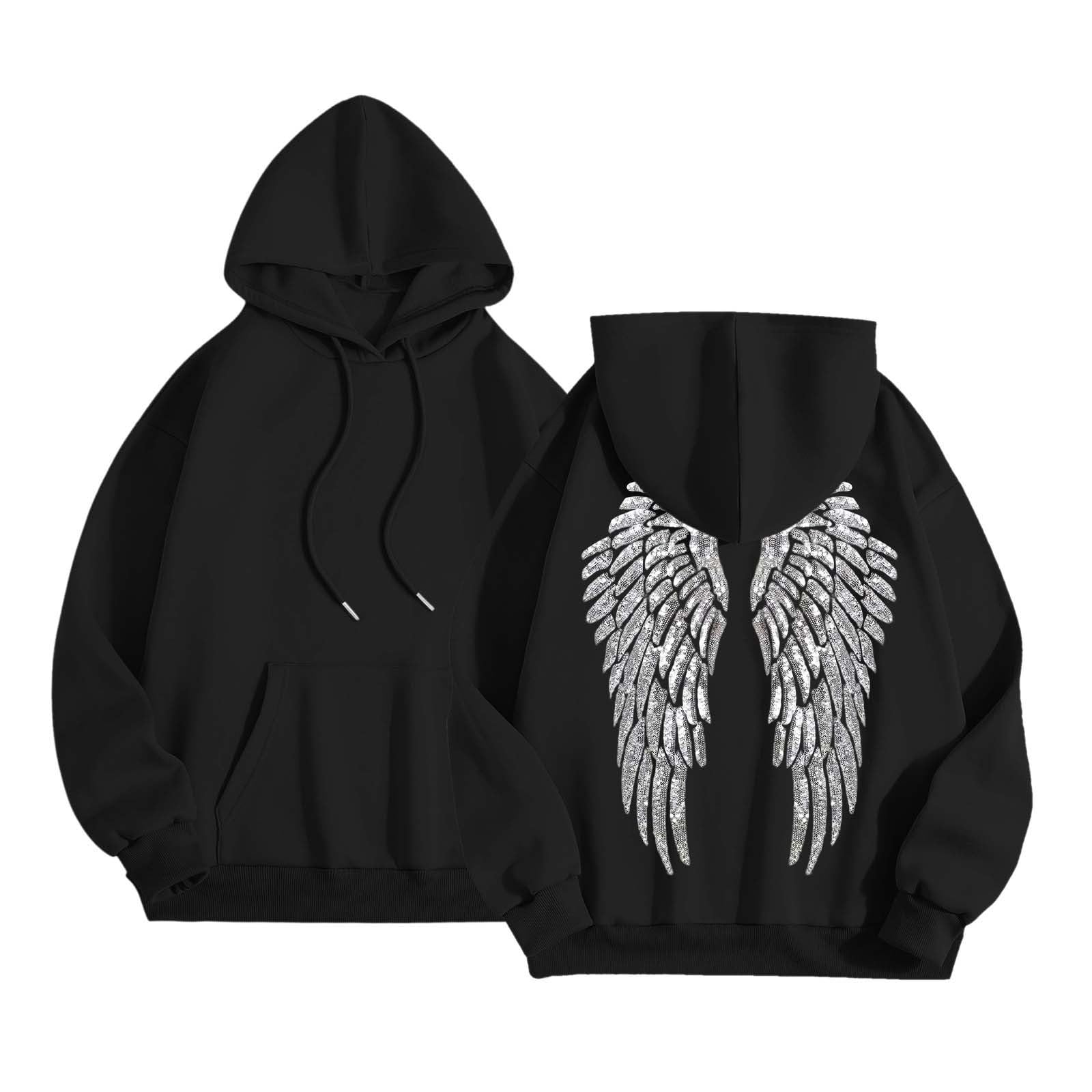 Sweat à capuche pour femme avec capuche et paillettes - Imprimé ailes d'ange - Manches longues - Col rond - Baggy - Confortable - Haut tendance - Streetwear