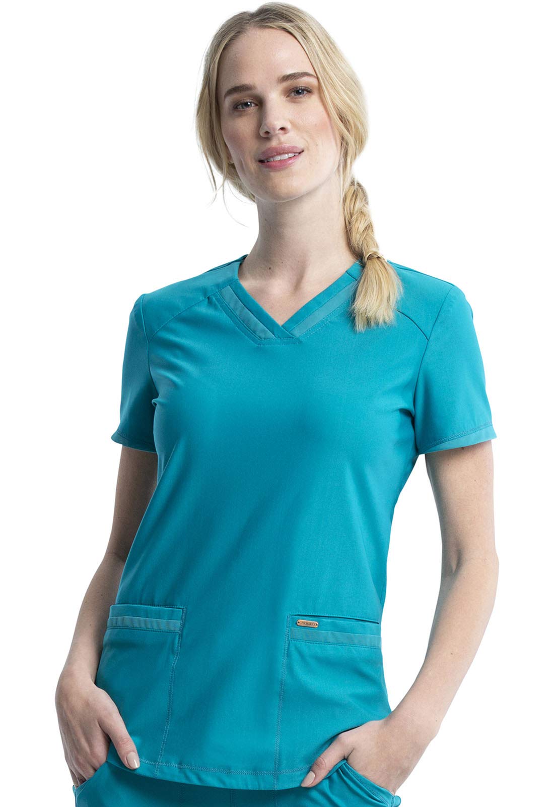 Cherokee Conjunto de uniforme médico para mujer, 7 bolsillos, cuello en V, dobladillo curvado CK840 y pantalón de pierna cónica de tiro medio CK095, azul caribeño, parte superior XXS y pantalón XS