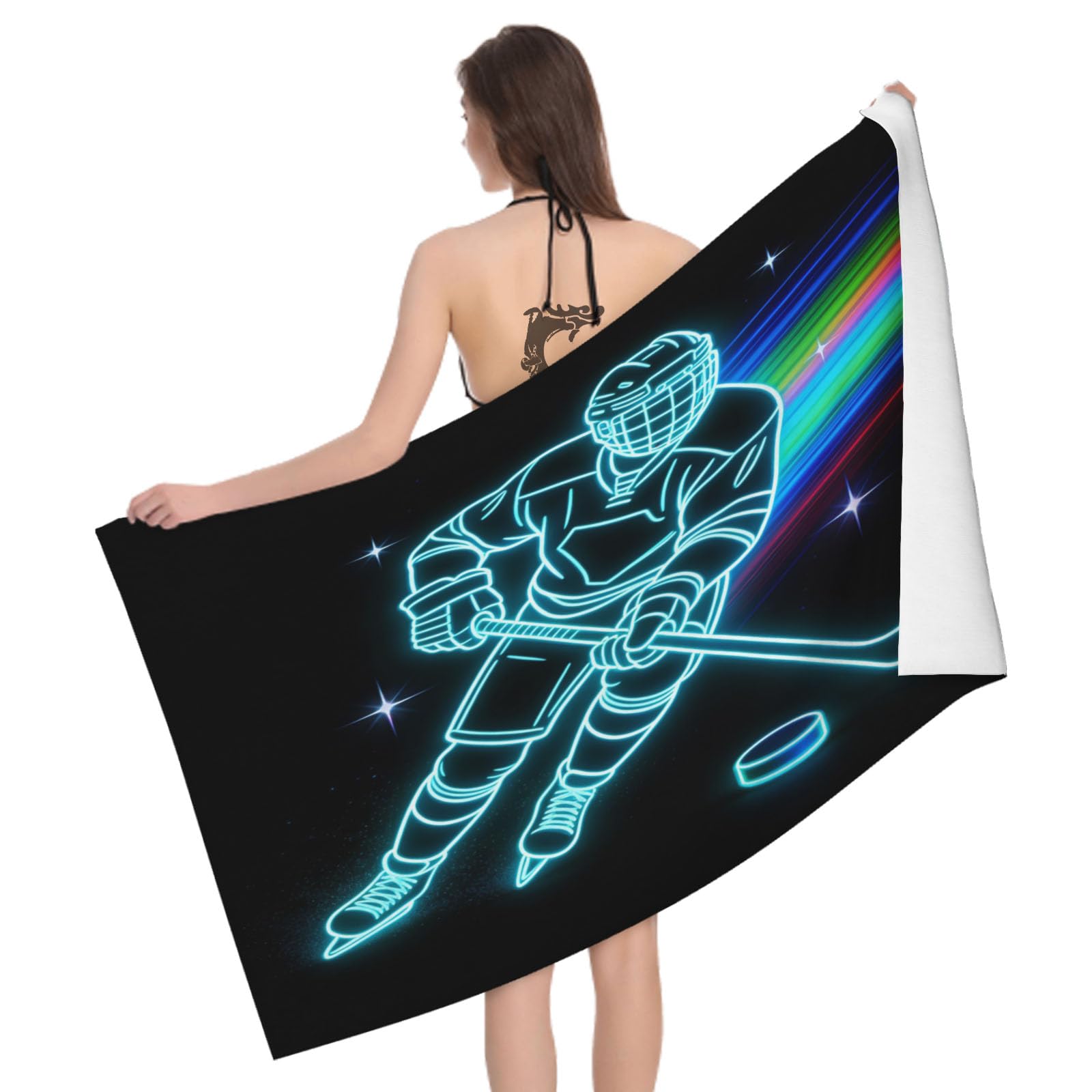 Leichong 3D Ice Hockey Beach Towel Microfiber Soft Quick Dry for Adults, Sports Bath Towel Lightweight Soft Absorbent for Travel Swimming Pool Sports, 75 x 150 cm