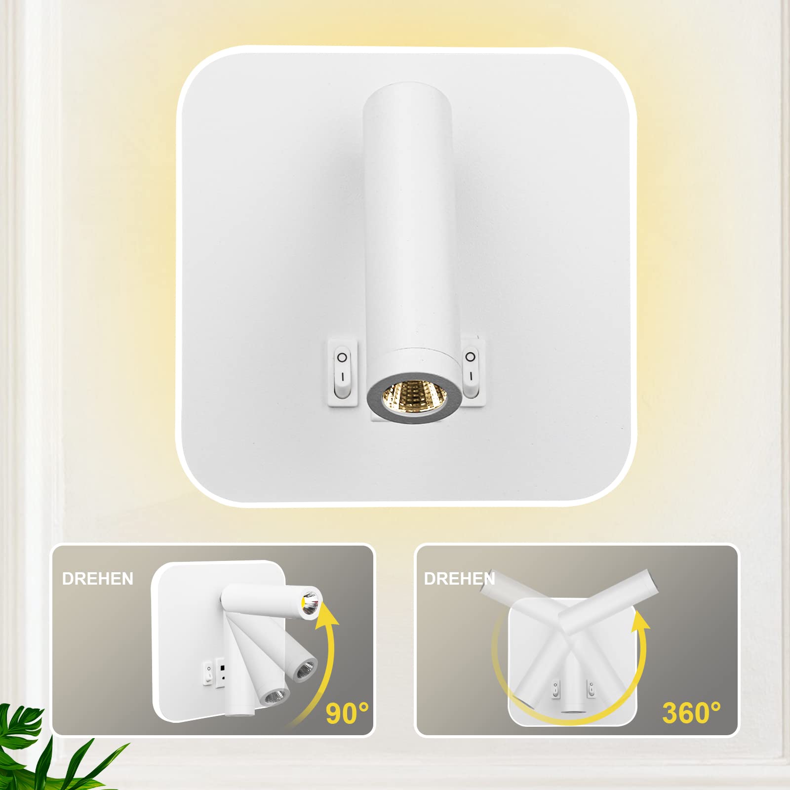 LED Reading Light USB tipo - C Double charge Electric Zut Switch se puede ajustar 12w LED Spotlight 3000k Wall Light Aluminium Bed Light se puede girar (Blanco cuadrado)
