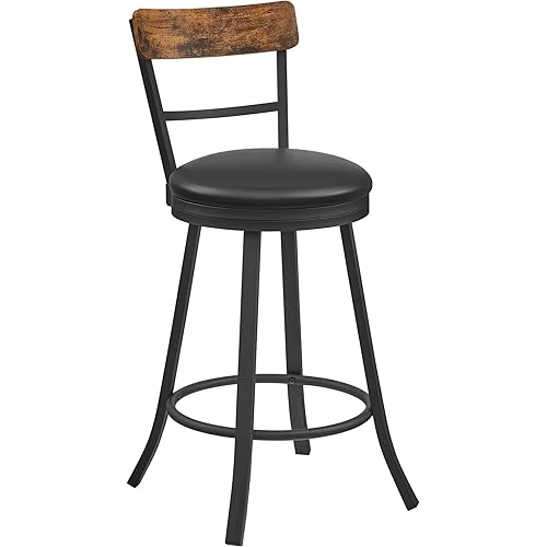 VASAGLE Swivel Bar Stools Counter Height, 25.8 Inch Barstools Chairs with Backs, Upholstered Cushioned Seat and Footrest, Easy Assembly, Industrial Steel Frame, Black and Rustic Brown ULBC077B01