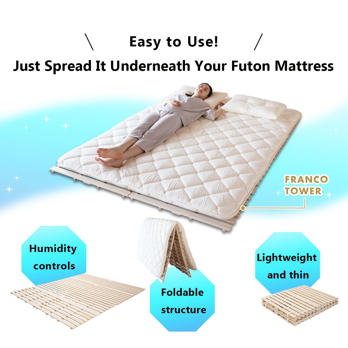 EMOOR Letto a Doghe Pieghevole in Legno FRANCO-TOWER 140 x 200 cm per Materasso Futon Giapponese (Naturale), Paulownia Non-Verniciato Letto da Pavimento Tatami Minimalista