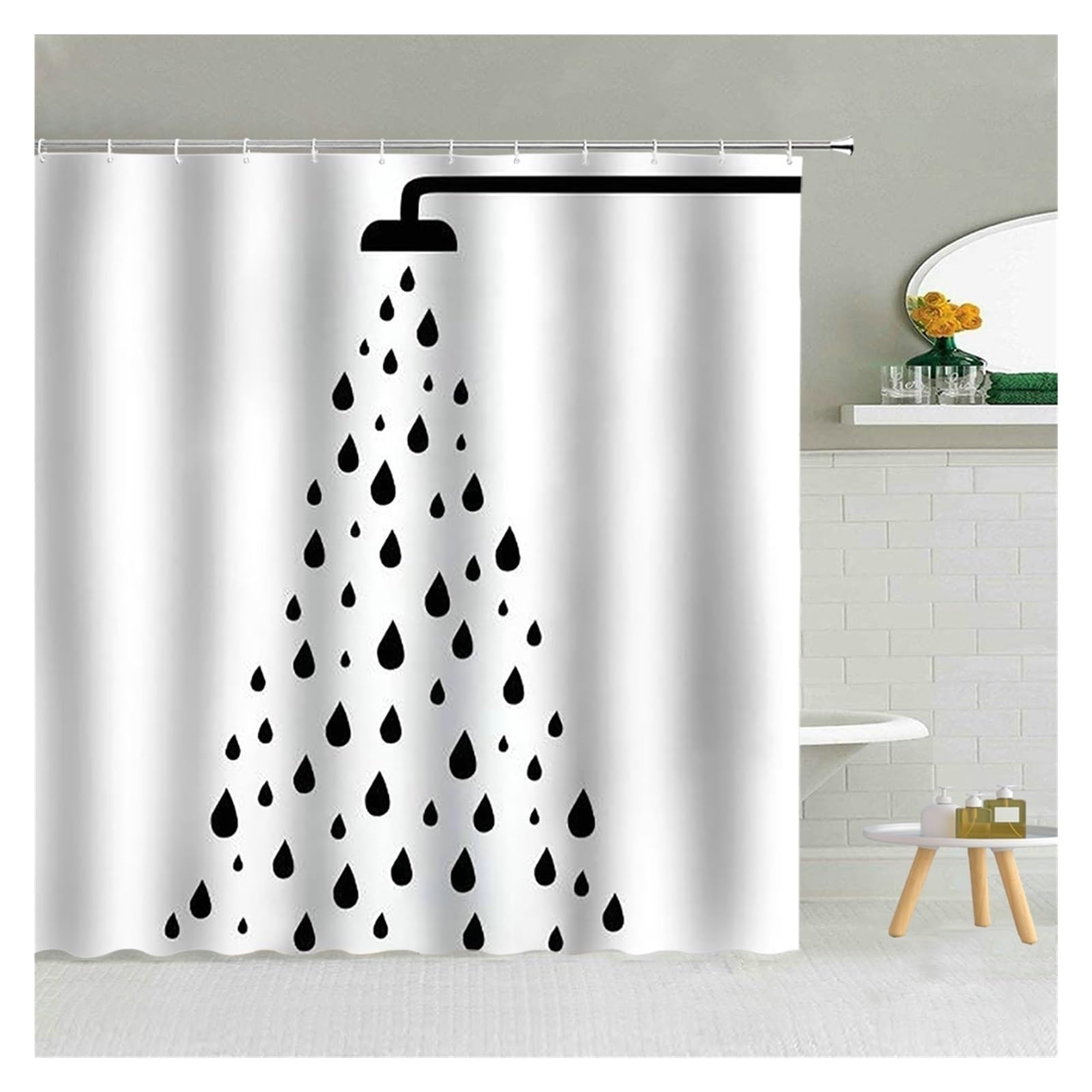 Rideau Douche Rideau de Douche Simple, Noir et Blanc, Motif de gouttelettes d'eau, en Tissu Polyester, for Salle de Bain, Suspendu, décoration de Maison(7050J,300x180cm-118x70in)
