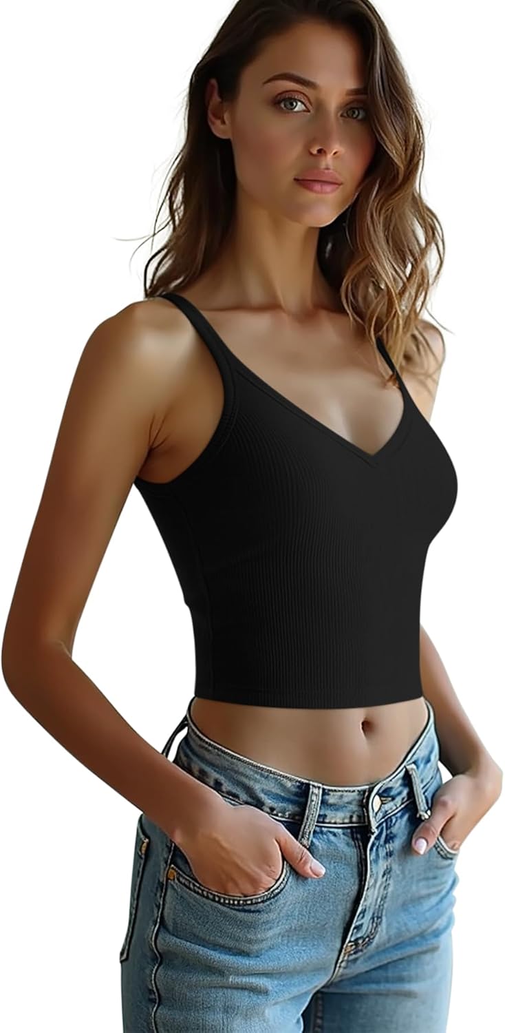 3 Pack Women's Spaghetti Strap Crop Top Ribbed Knit Basic V Neck Tank Top Cami Shirts - Image 7