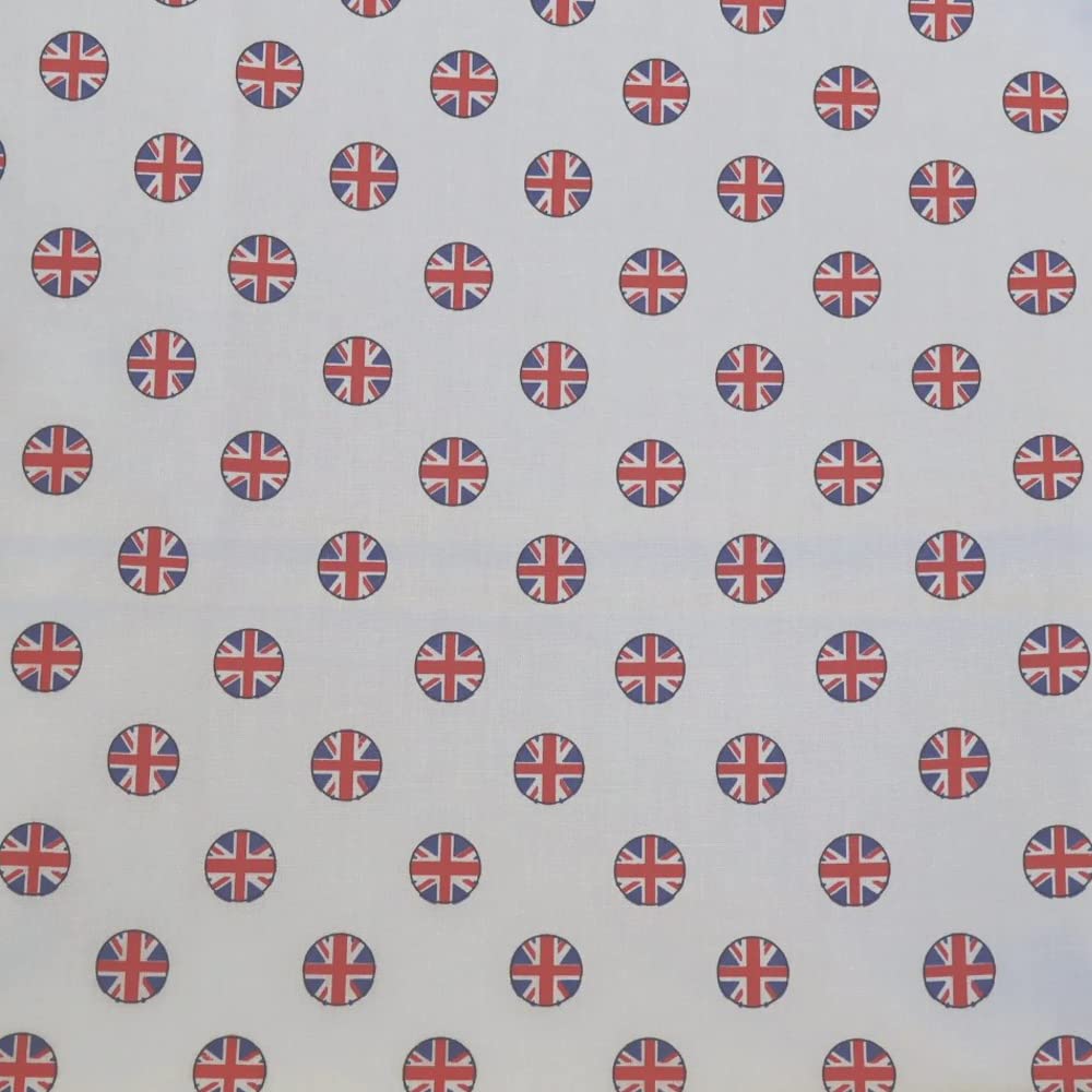 Oh Sew Crafty Limited White Polycotton Fabric Polka Dots Union Jack Flags British Uk Sold Per Metre (White)