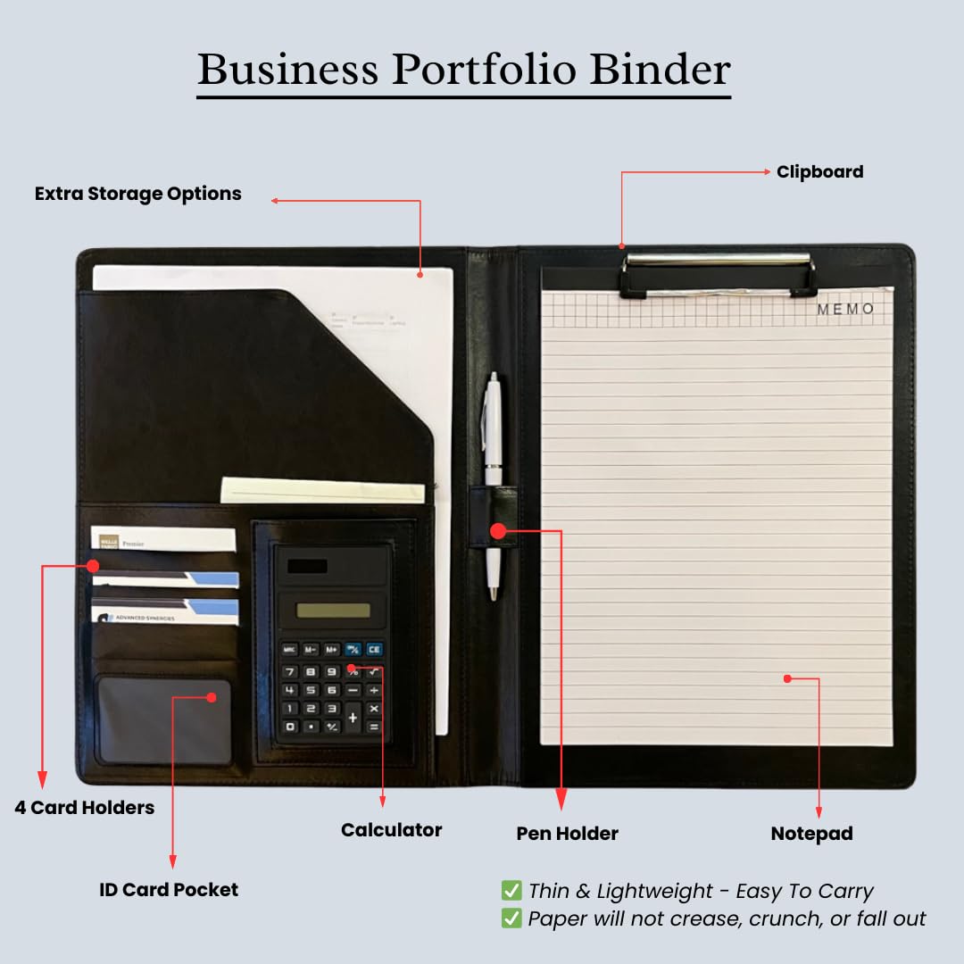 Leder-Portfolio-Ordner für den geschäftlichen Gebrauch, Dokumenten-Organizer mit intelligenter Aufbewahrung, Taschenrechner, Schreibblock, Padfolio, All-in-One, professionelles