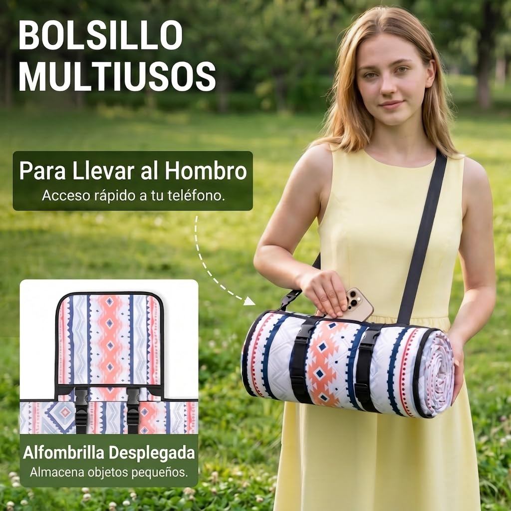 Wolfwise Manta Picnic Impermeable, Grande Mantel Camping 200x200 cm Pliable con Sangles Réglables et Bandoulière, Picnic Blanket para Playa, Jardín, Camping, Viajes y Senderismo, Azul