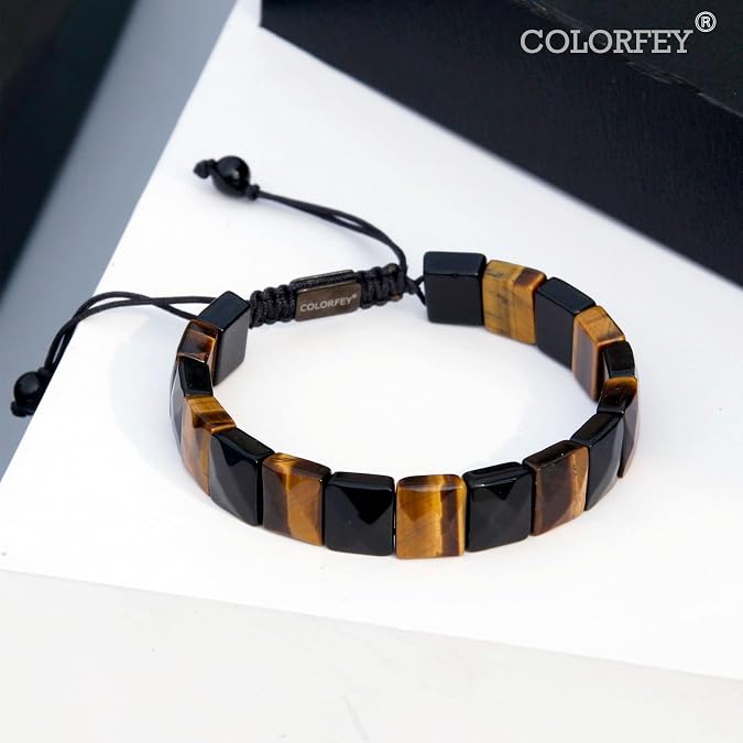 Protection Crystals Beaded Bracelets for Men Mens Bracelet Healing Tiger Eye Black Obsidian Stone Bracelets for Men, Drawstring Crystal Bracelet for Mens Handmade Beaded Jewelry for Him