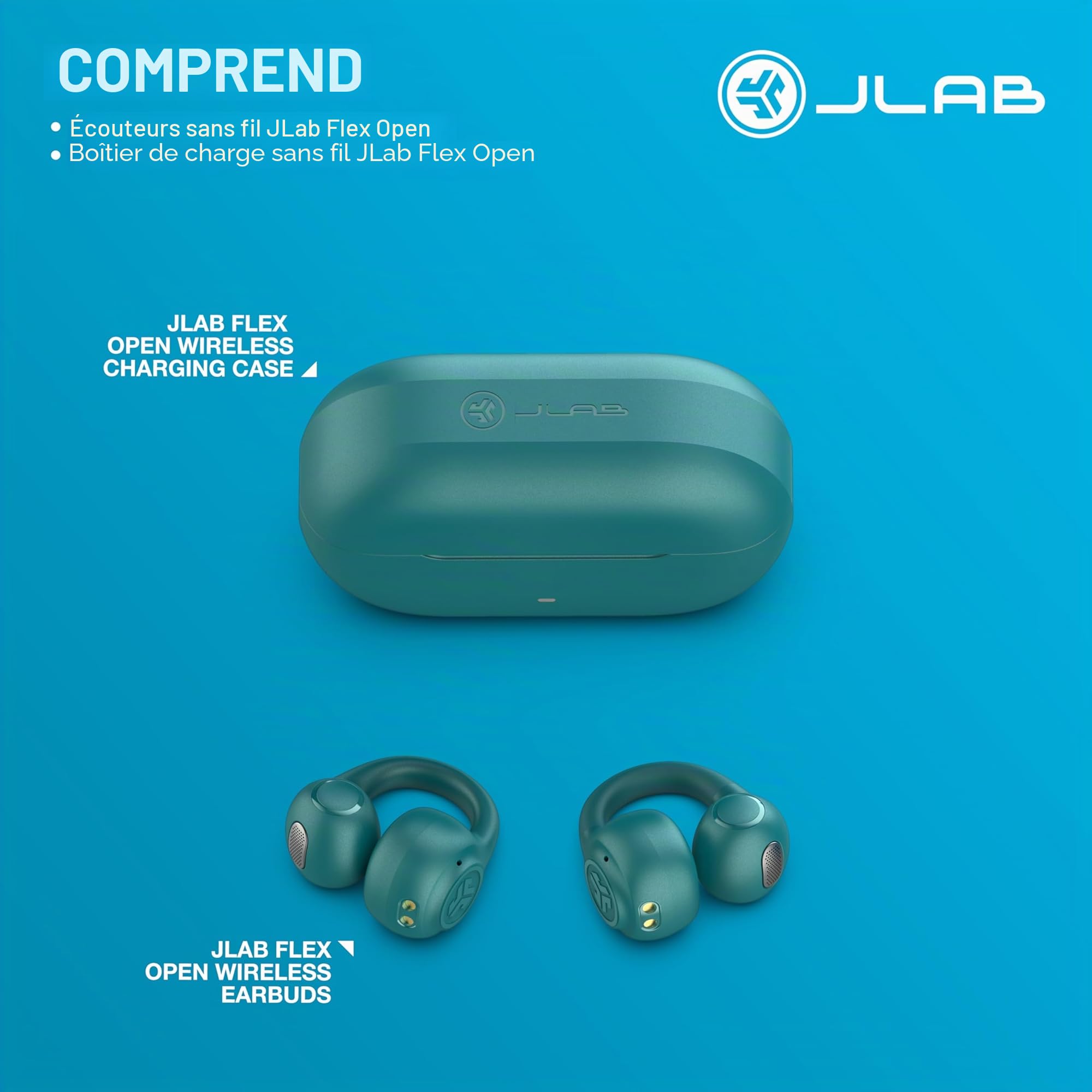 JLab Flex Casque à Oreille Ouverte - Bluetooth Multipoint, Sarcelle | Écouteurs à Oreille Ouverte, Design à Clipser, 21h, Bluetooth Multipoint, Micro, Personnalisation avec Application