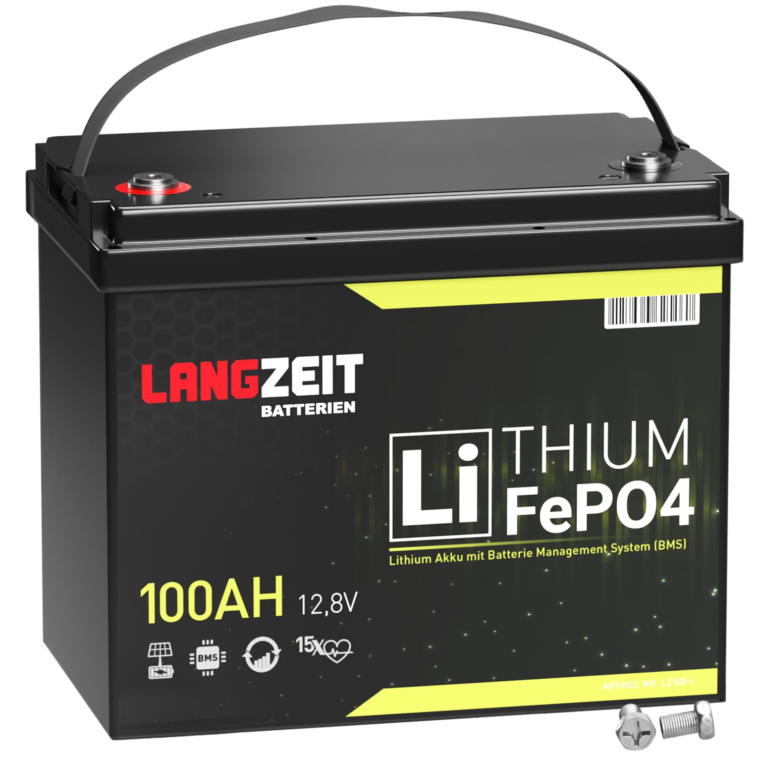 LANGZEIT Batteria LiFePO4 100Ah 12V Mini Batteria al litio con BMS – Batteria Solare per Camper, Barca, Fotovoltaico, Caravan, Off-Grid