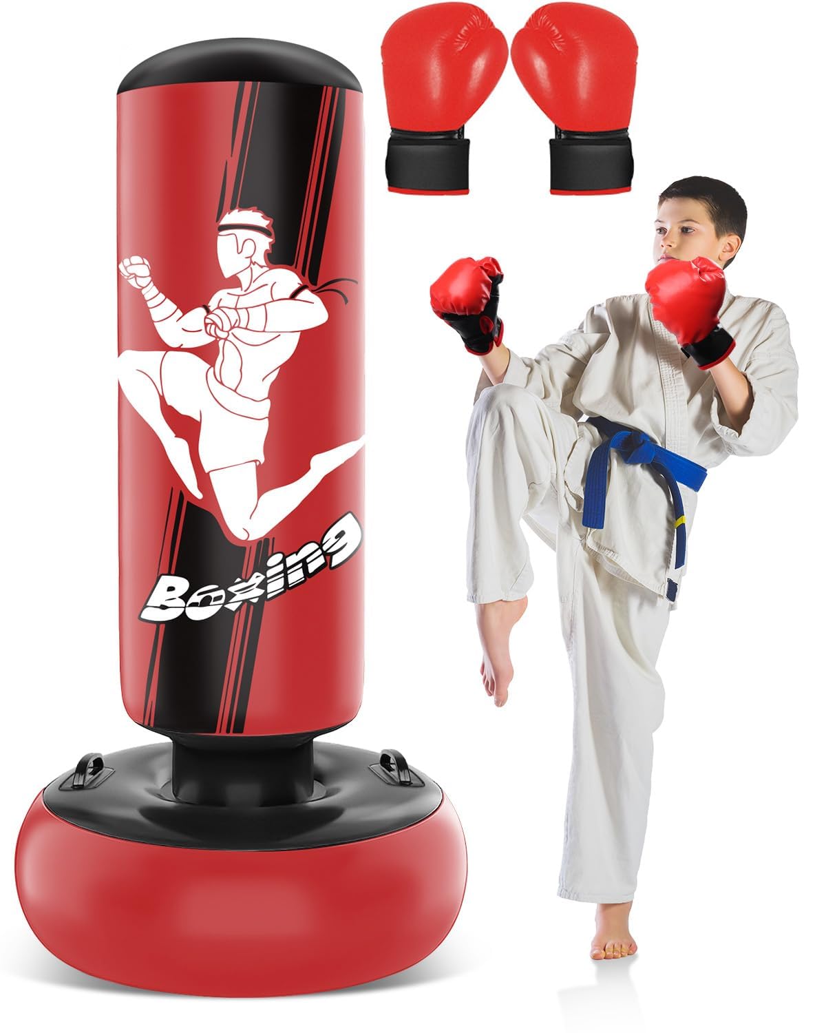 66 Inch Inflatable Kids Punching Bag with Boxing Gloves, Freestanding Boxing Bag, Stand Kids Punching Bag Toy, Bounce-Back Bag Gifts for Kids, Girls, Boxing Set for Practicing Karate, Taekwondo, MMA