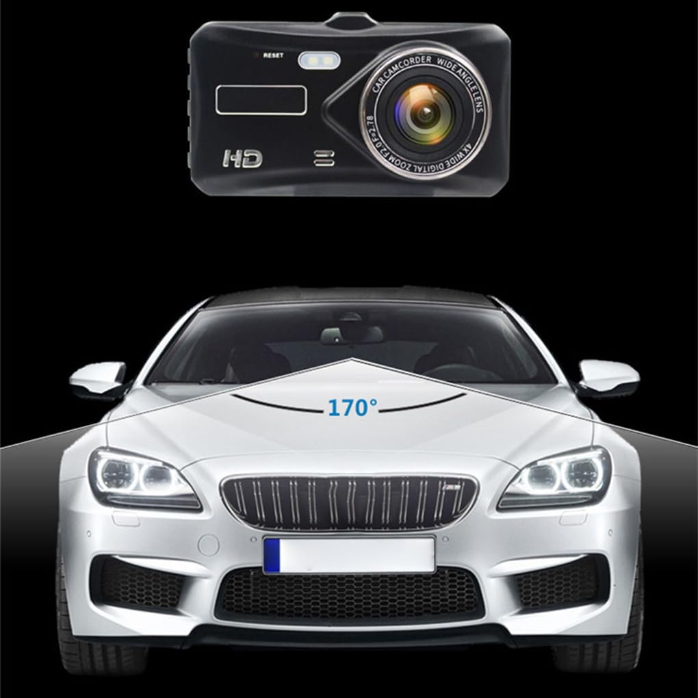 Dash cam con schermo da 4 pollici e notturna per registrazioni | giorno e di notte, con doppia registrazione anteriore e posteriore e funzione di retromarcia.