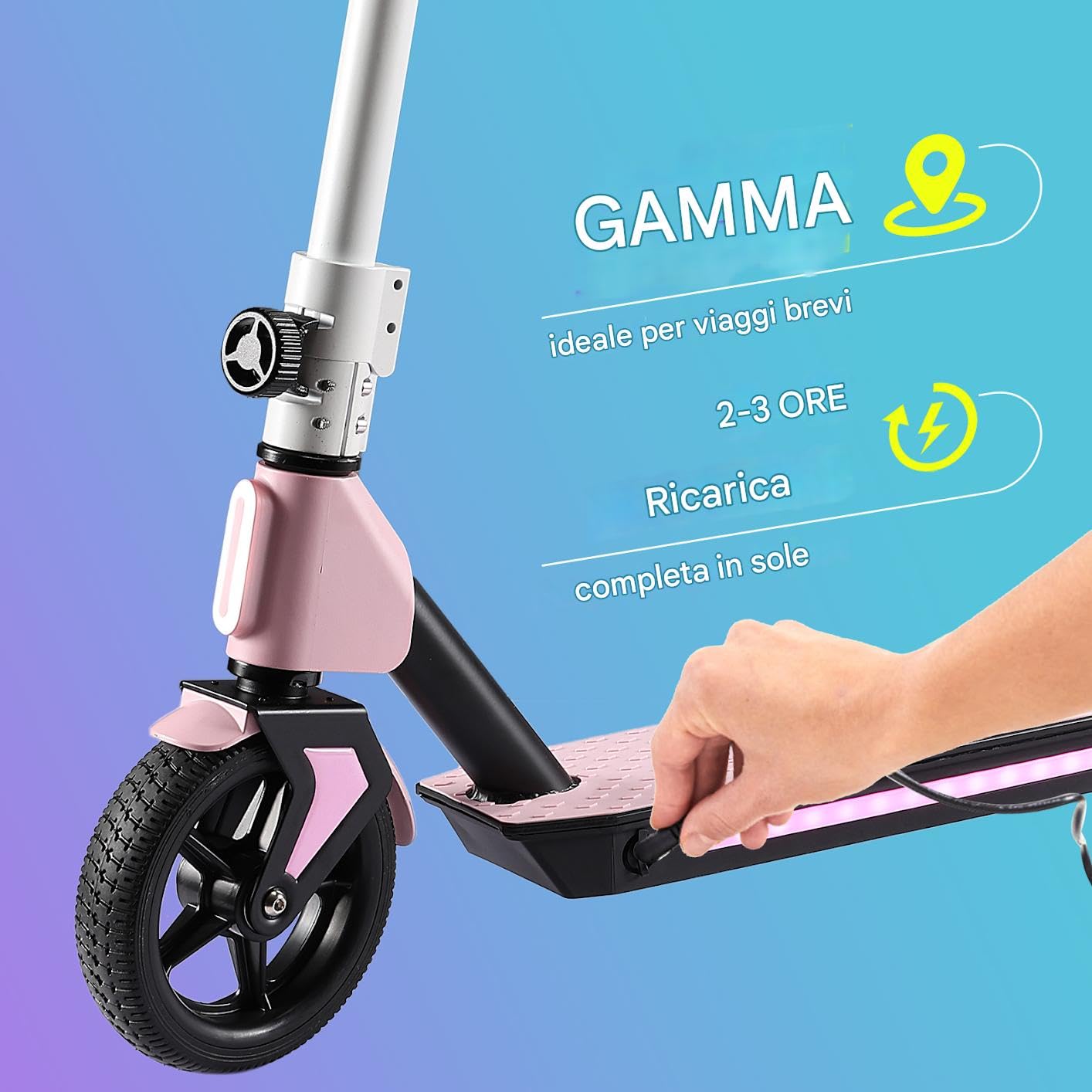 Scooter Elettrico per Bambini 6-12 Anni • Max 14km/h • 3 Velocità Regolabili • Autonomia di 5-8 km • Pieghievole • Luci Rainbow • Display a LCD • Monopattino Elettrico Bambini
