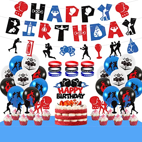 LSJDEER Décorations de fête d'anniversaire de match de boxe - Boxe Joyeux Anniversaire Bannière Ballons de décoration de gâteau Napperon Bracelet pour Accessoires de fête de lutte Boxe Match Sports