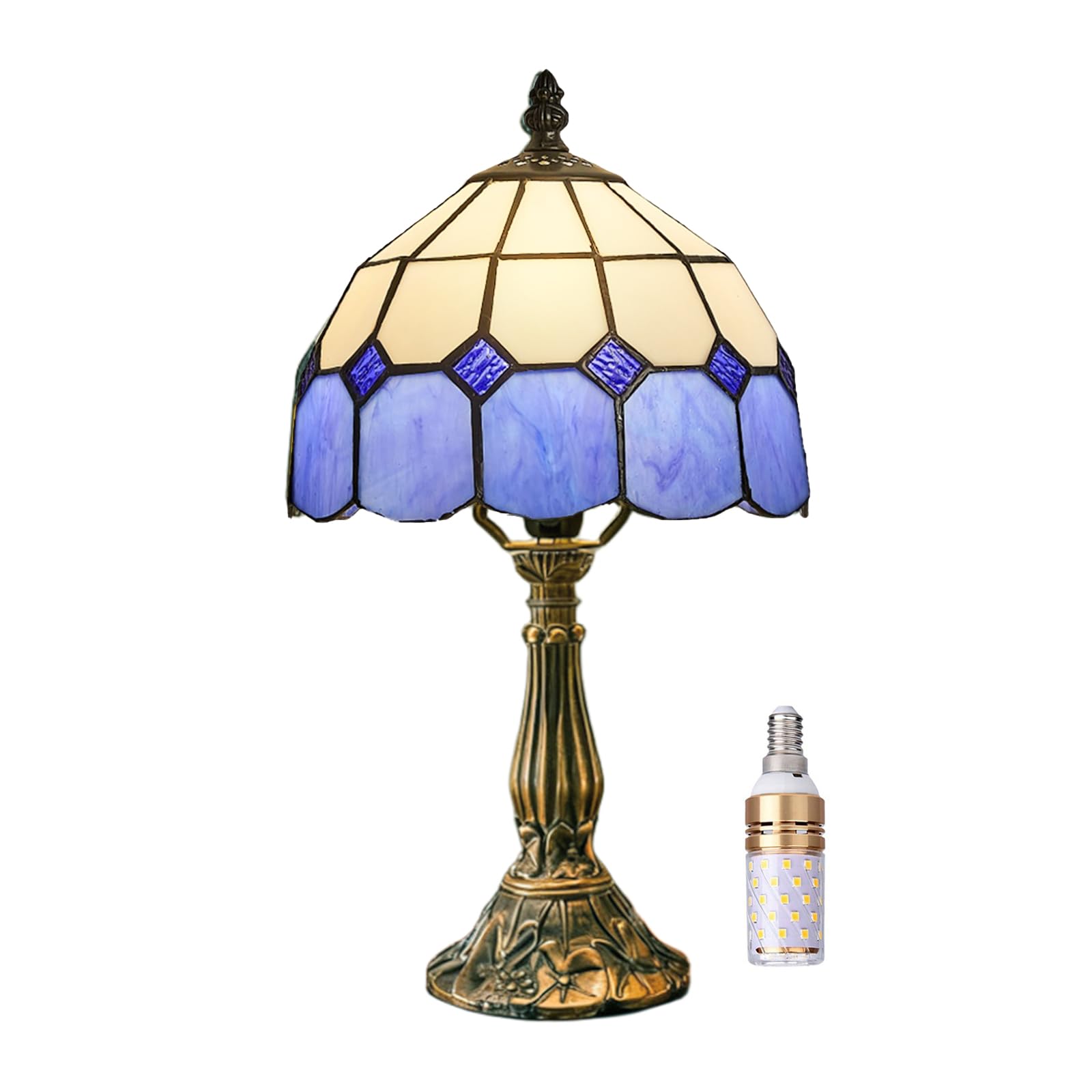 Meimond Table Lamp Tiffany-Style 8 Inch Mediterranean Series Stained Glass Lampshades Small Bedside Lamp Reading Antique Desk Light Livingroom Bedroom
