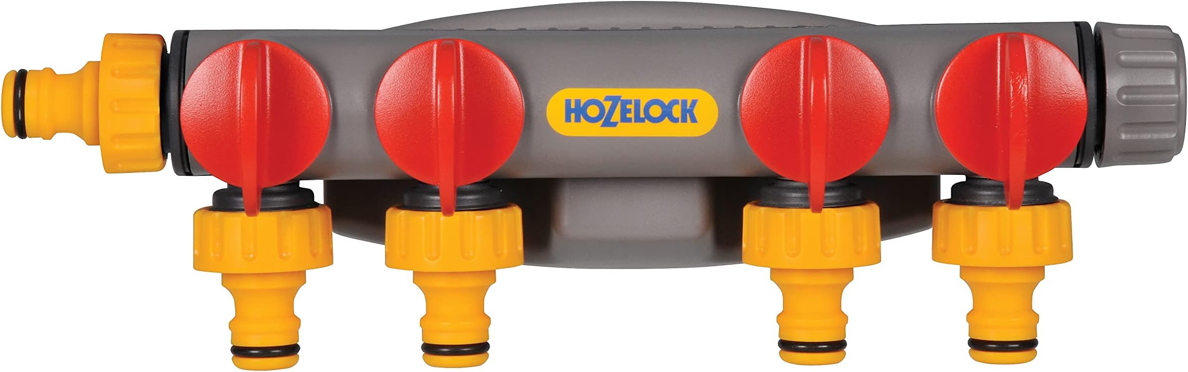 HOZELOCK - Multi-Tap Connector 4-Way Watering : Ideal for Creating 4 Circuits on a Single Tap, Independent Flow Valve for Each Outlet, Supplied with X2 Fittings and Screws [2150R0000]
